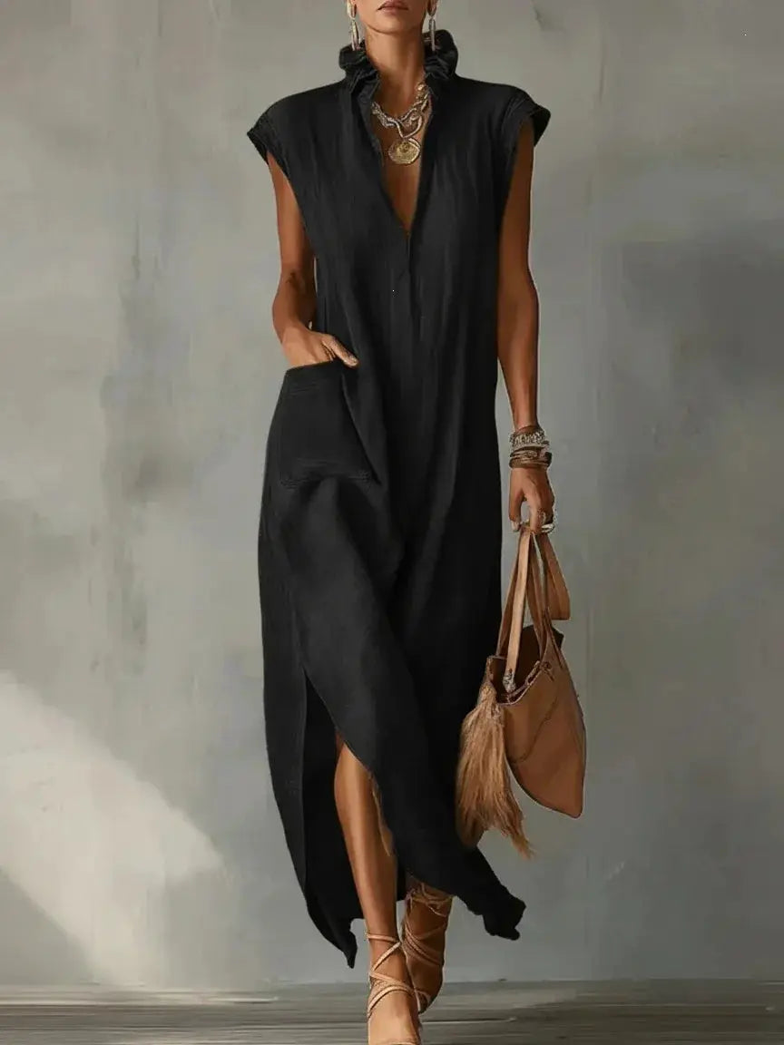 Fashion Ruffle Stand Collar Women's Sleeveless Dress Summer New Casual Loose Pocket Female Side Slit Vacation Deep V-Neck Dress by Adornity