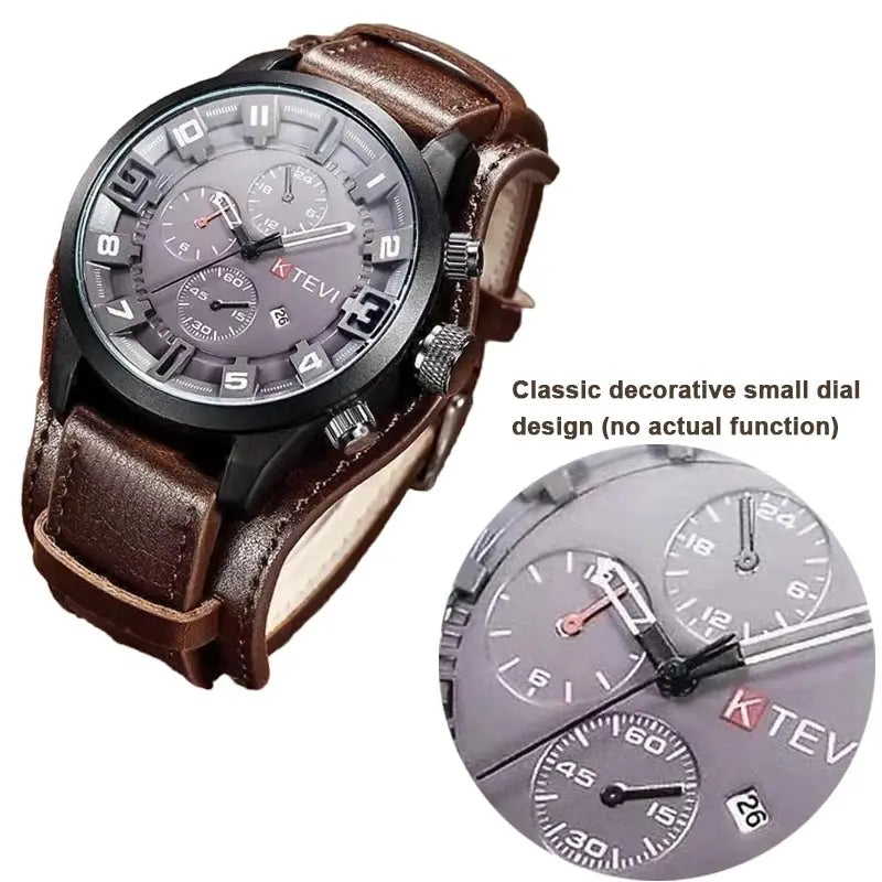 Retro Men's Watches High-end Luxury Man Watch PU Leather Strap Date Business Quartz Watch Big Dial Military tactical Wristwatch by Adornity