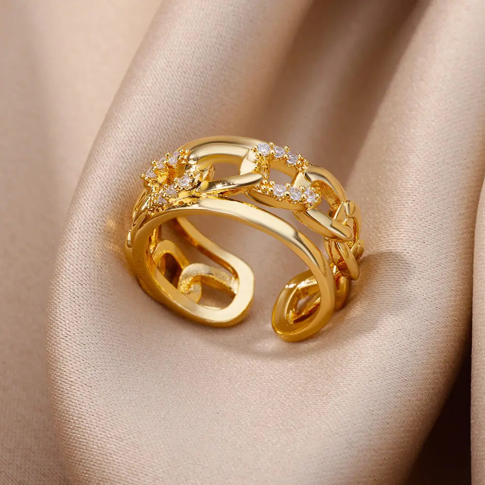 Gold Stainless Steel Hollow Out Ring with Crystal Zircon