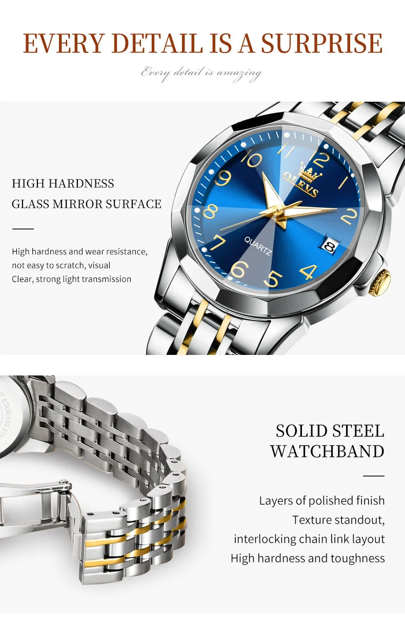 Luxury Quartz Watch - OLEVS Women's Stainless Steel Wristwatch with Digital Dial Calendar