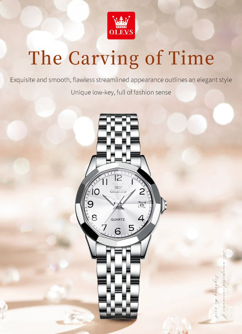 Luxury Quartz Watch - OLEVS Women's Stainless Steel Wristwatch with Digital Dial Calendar