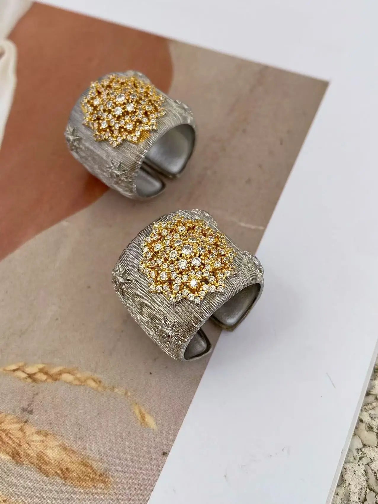 Gold Plated Bracelet – Cubic Zirconia Ring & Flower Pattern Vintage Copper Bangles Set