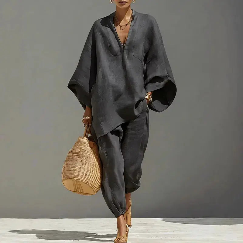 Female Clothing Two Piece Set 2026 Spring V Neck Loose Top Pullover & Long Pants Outfits Woman Batwing Sleeve Vintage Suit Mujer by Adornity
