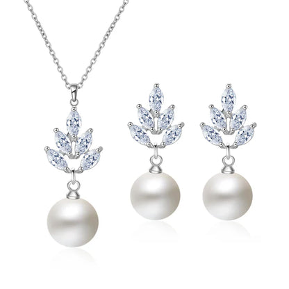 Luxury CZ Zirconia Simulated Pearl Drop Earrings Pendant Necklace Wedding Jewelry