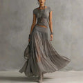 Women's Solid Lace Patchwork Sheer Maxi Skirt Set 2026 Summer Elegant Short Sleeve Crop Top & Long Skirt Outfit Spring Boho Suit by Adornity