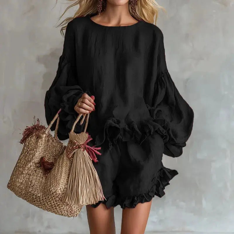 Bohemian Casual Vacation Outfits Woman Elegant O Neck Ruffle Hem Top And Beach Shorts Set Spring Solid Loose Fit Streetwear Suit by Adornity