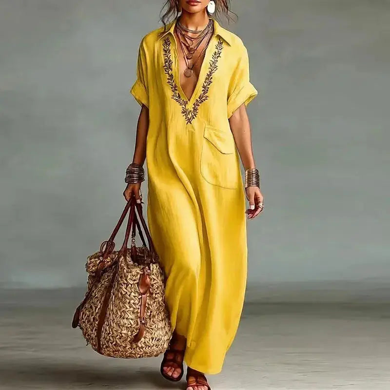 Womens Sexy Deep V Neck Print Bohemian Dress Spring Vintage Loose Long Party Dress Summer Short Sleeve Beach Vacation Maxi Dress by Adornity