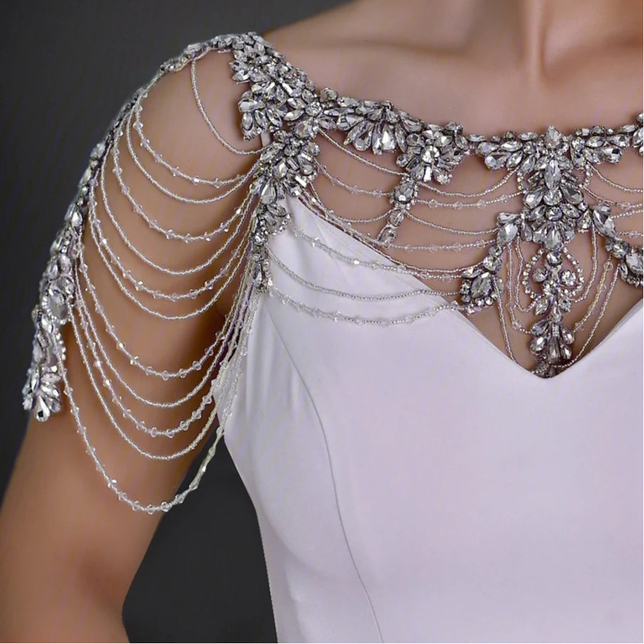 Bridal Shoulder Necklace Jewelry, Bridal Shawl Rhinestone Crystal Tassel Wedding Jacket Bolero