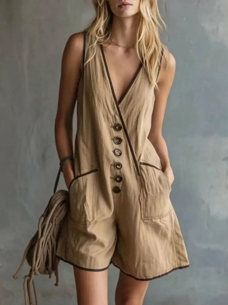 Fashion Color Blocking Wide Leg Jumpsuit V Neck Button Pocket Women's Casual Rompers Summer Sleeveless Vacation Beach Overalls by Adornity