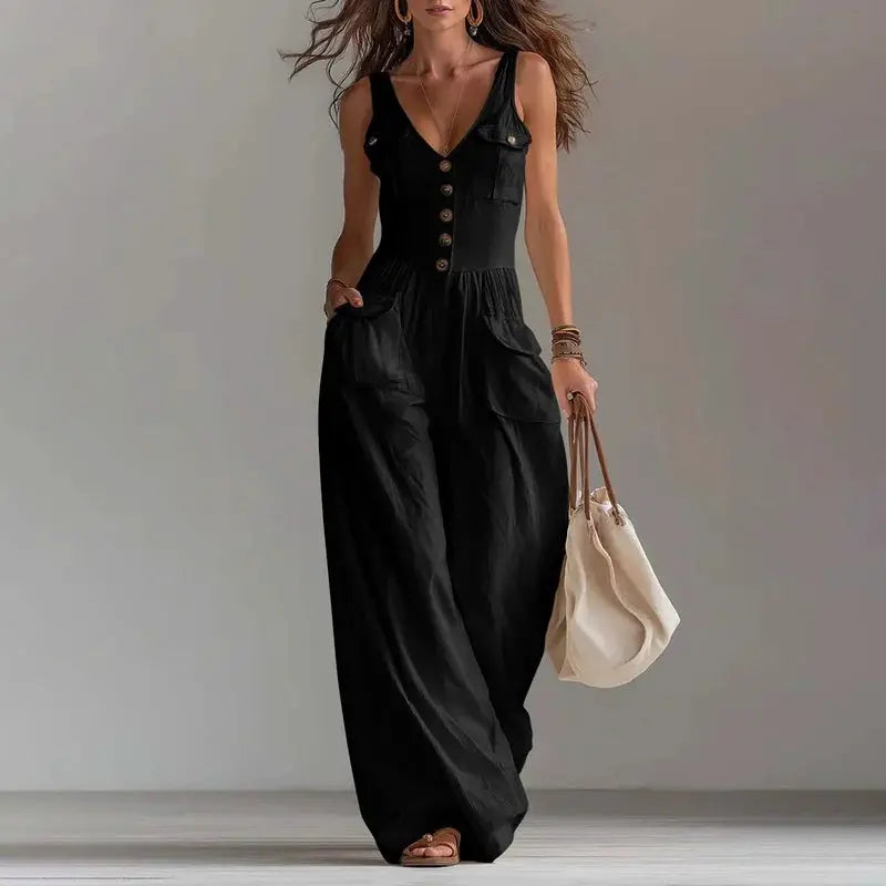 Sexy V Neck Button Wide Leg Jumpsuit Elegant Solid High Waist Woman Romper 2026 Spring Summer Sleeveless Vacation Beach Overalls by Adornity
