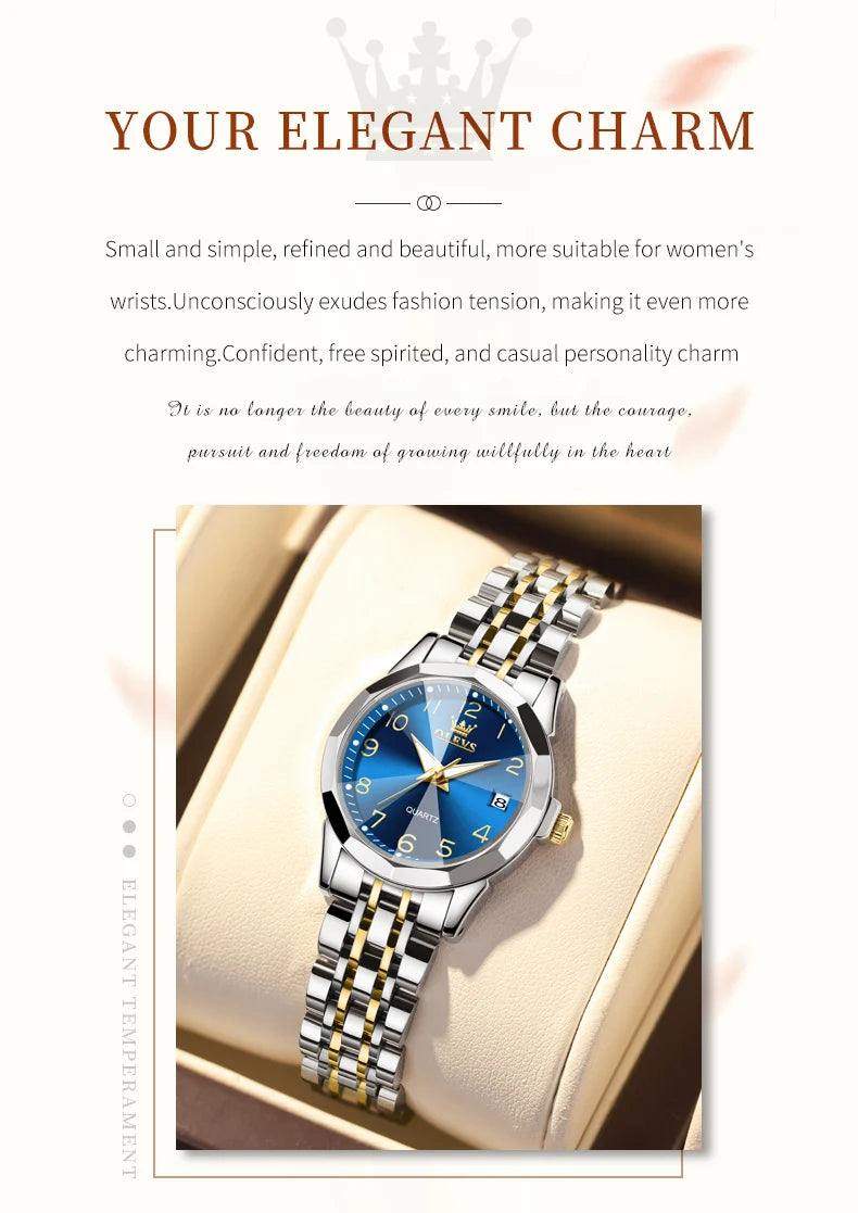 Luxury Quartz Watch - OLEVS Women's Stainless Steel Wristwatch with Digital Dial Calendar