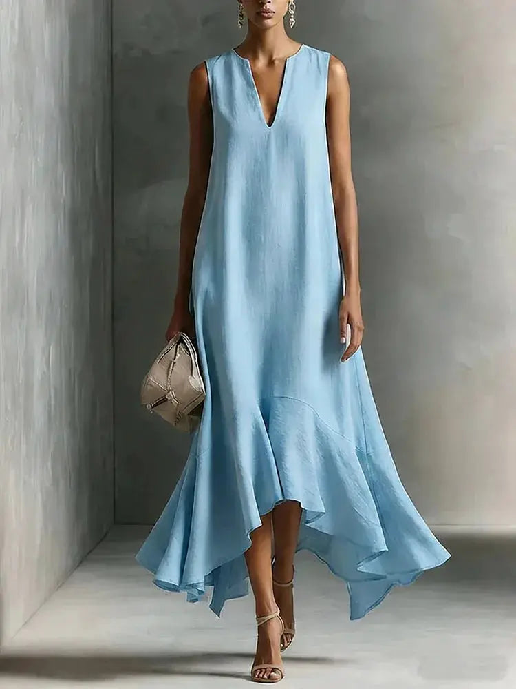 Solid Color Loose Long Dress For Women Summer Sexy V-neck Sleeveless Fashion Irregular Hem Dresses Lady Foreign Style Streetwear by Adornity