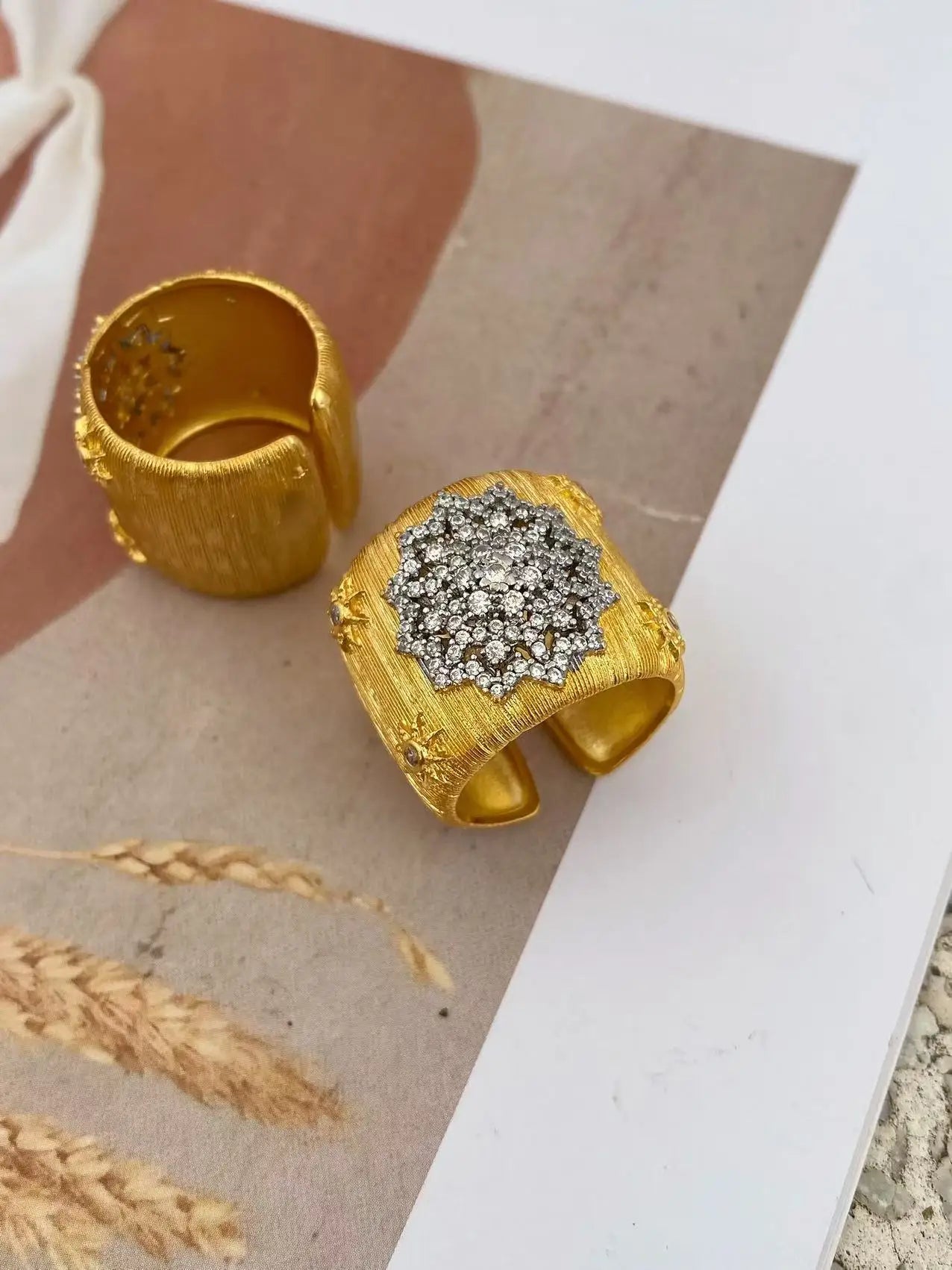 Gold Plated Bracelet – Cubic Zirconia Ring & Flower Pattern Vintage Copper Bangles Set