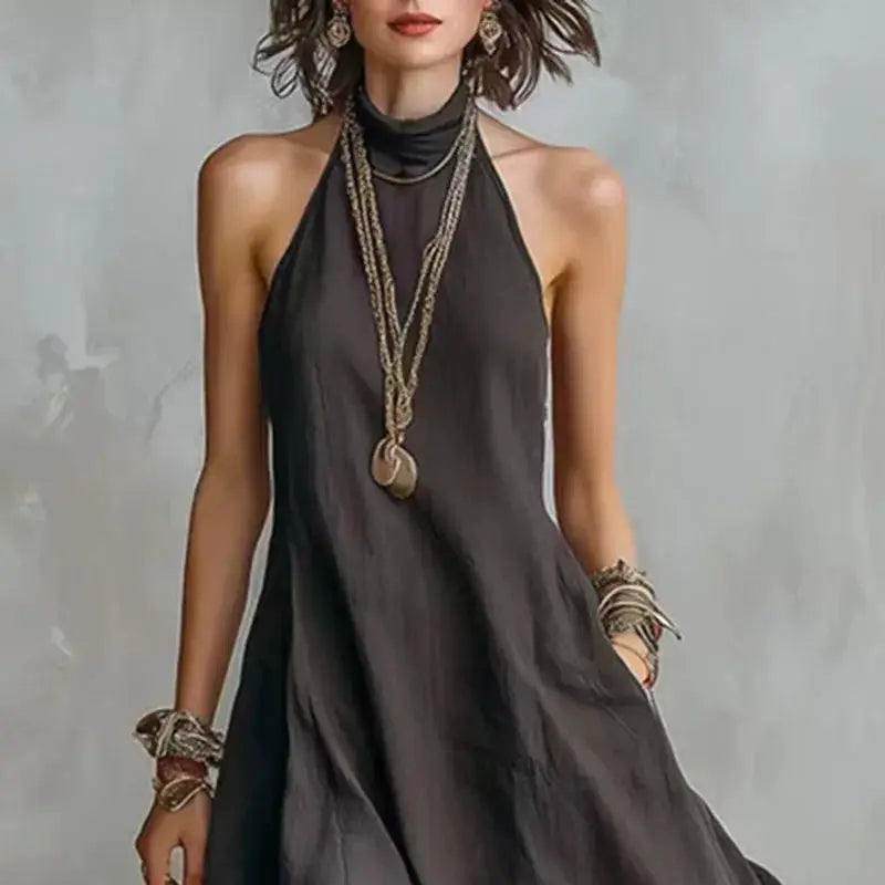 Vintage Solid Hollow Out Halter Maxi Dress Women Sleeveless Loose Flowy Casual Long Dress Spring Summer Beach Holiday Maxi Dress by Adornity
