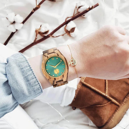 Wooden Quartz Watch with Simulated Diamond Dial for Women