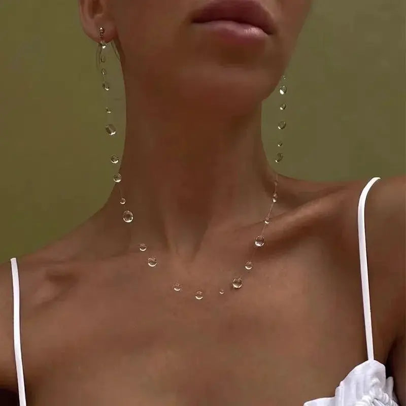 Simple Transparent Water Drop Clavicle Chain Thin Rope Beaded Tassel Earrings Necklace Bracelet Women Niche Personalized Jewelry by Adornity