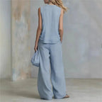 lady Button Splicing Design Top+wide Leg Pants Two-piece Set Women's Summer Fashion Sleeveless V-neck Top Pants Office Outfit by Adornity