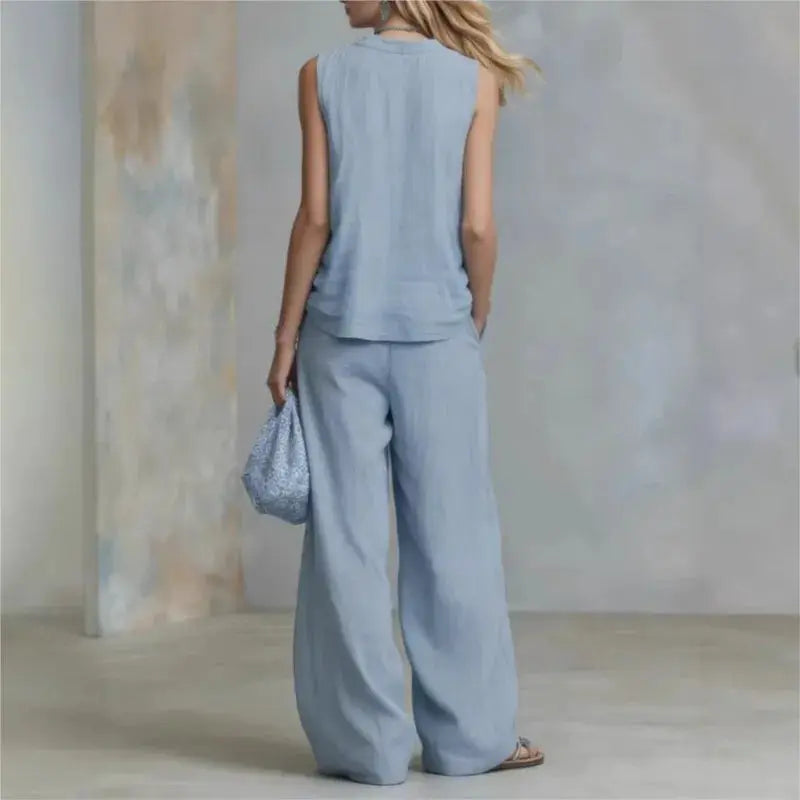 lady Button Splicing Design Top+wide Leg Pants Two-piece Set Women's Summer Fashion Sleeveless V-neck Top Pants Office Outfit by Adornity