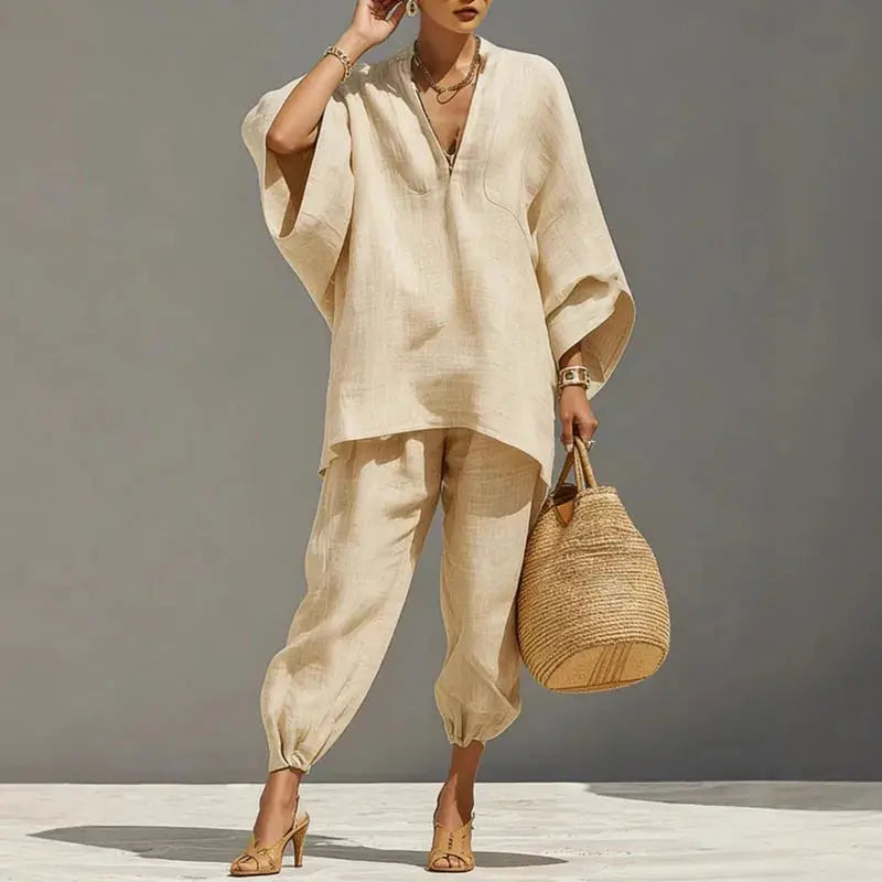 Female Clothing Two Piece Set 2026 Spring V Neck Loose Top Pullover & Long Pants Outfits Woman Batwing Sleeve Vintage Suit Mujer by Adornity