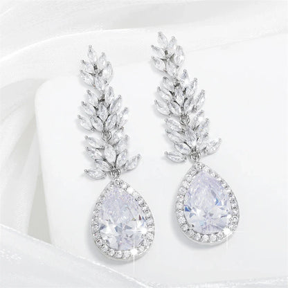 Bridal Crystal Leaf Earrings, Silver Cubic Zirconia Wedding Jewelry,