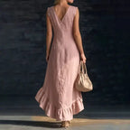 2026 Spring Sexy V Neck Solid Long Dresses Woman Elegant Ruffle Hem Irregular Party Dresses Summer Sleeveless Casual Beach Dress by Adornity