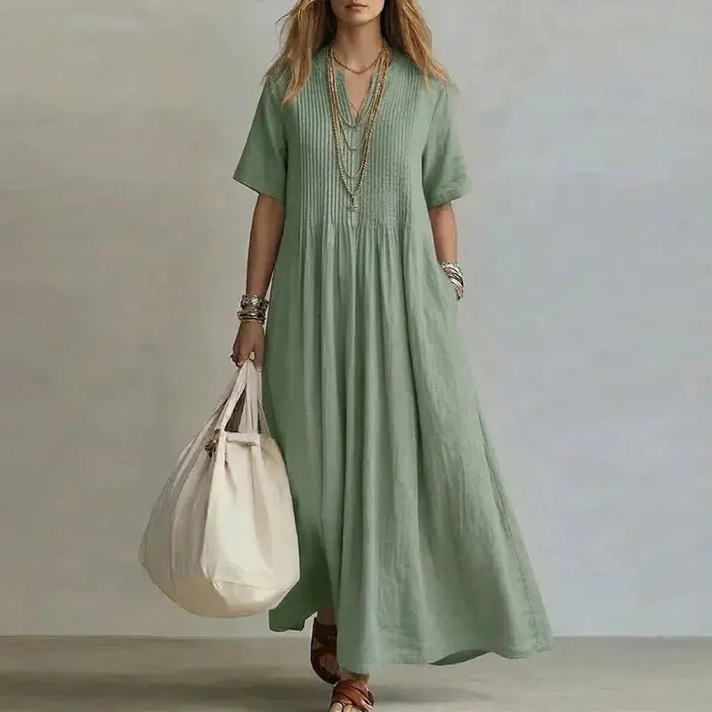 Retro Solid Cotton Linen Maxi Dress Woman Spring Sexy V Neck Draped Pocket Long Dress Summer Short Sleeve High Waist Party Dress by Adornity