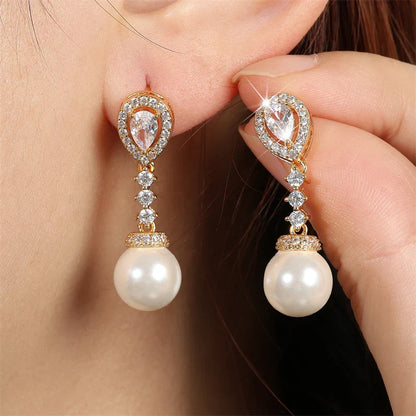 Bridal Elegant Round Imitation Pearl Earrings  Korean Fashion Water Drop CZ Bridal Earring Wedding Jewelry