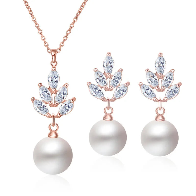 Luxury CZ Zirconia Simulated Pearl Drop Earrings Pendant Necklace Wedding Jewelry