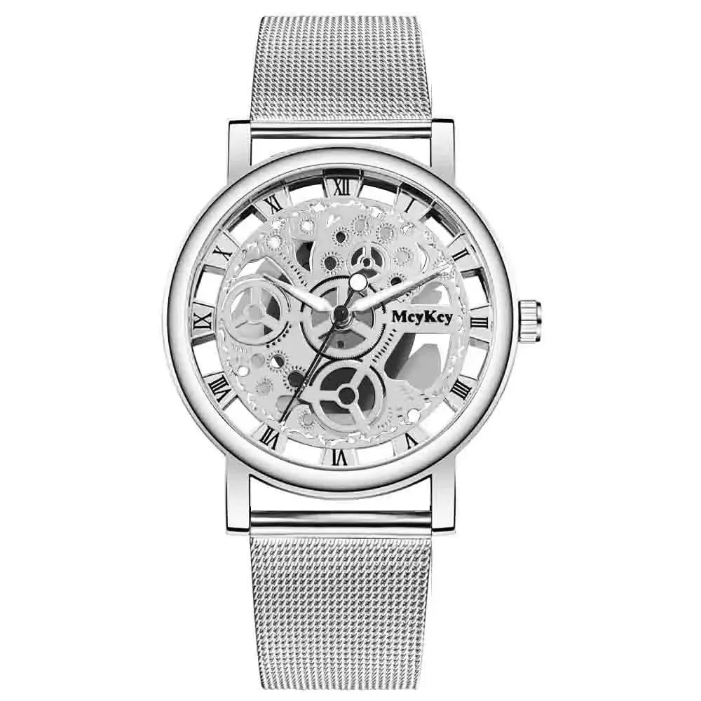 Women Skeleton Watch – Faux Mechanical Quartz Timepiece With Metal Mesh Band by Adornity