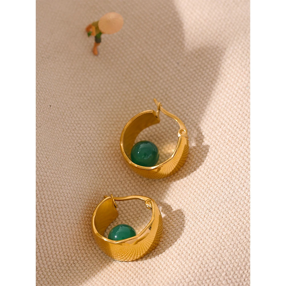 Green Agate Huggie Hoop Earrings Durable Stainless Steel with 18K Gold Plating and Waterproof Charm