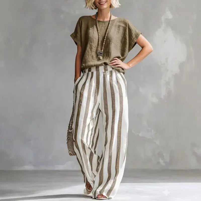 Sexy Crew Collar Top T-shirts Wide Leg Trousers Suit Woman Spring Striped Print Cotton Linen Set Summer Short Sleeve Boho Outfit by Adornity