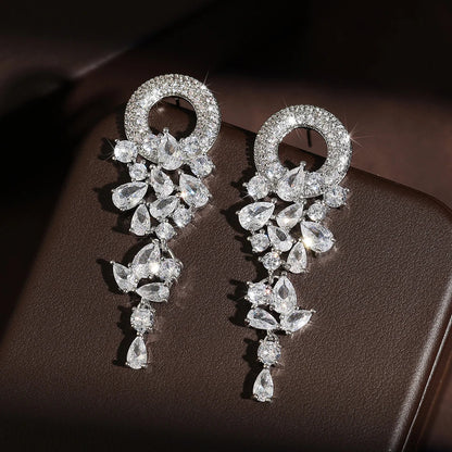 Bridal Blue Cubic Zirconia Long Tassel Drop Earrings  Leaf Shape Bridal Wedding Stylish Jewelry