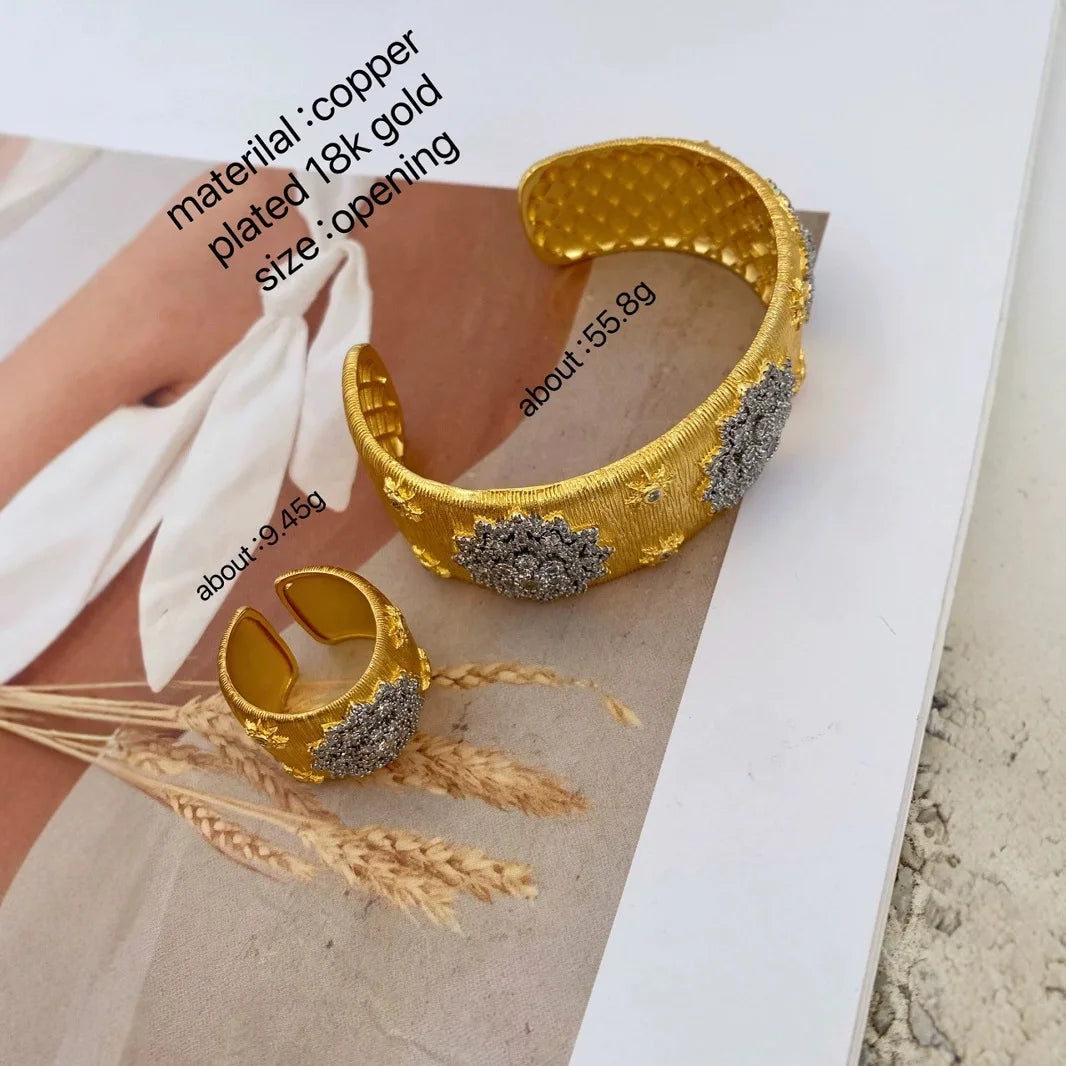 Gold Plated Bracelet – Cubic Zirconia Ring & Flower Pattern Vintage Copper Bangles Set