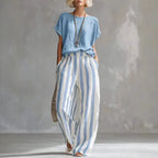 Sexy Crew Collar Top T-shirts Wide Leg Trousers Suit Woman Spring Striped Print Cotton Linen Set Summer Short Sleeve Boho Outfit by Adornity