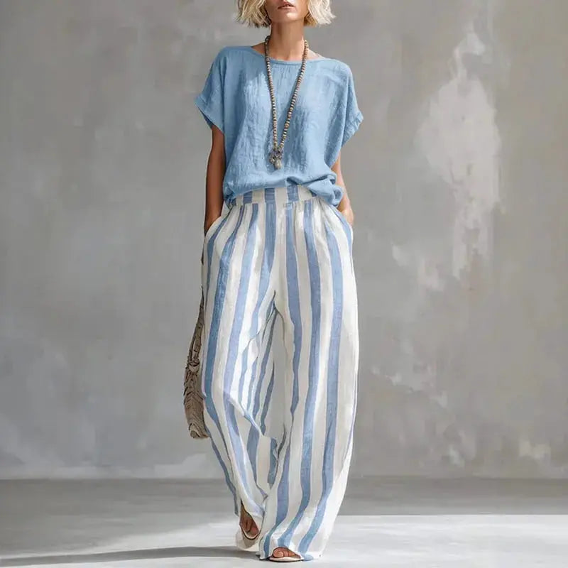 Sexy Crew Collar Top T-shirts Wide Leg Trousers Suit Woman Spring Striped Print Cotton Linen Set Summer Short Sleeve Boho Outfit by Adornity