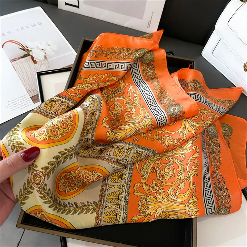 Women's Silk Scarf - 70x70cm Square Printed Pashmina Shawl With Plaid Pattern