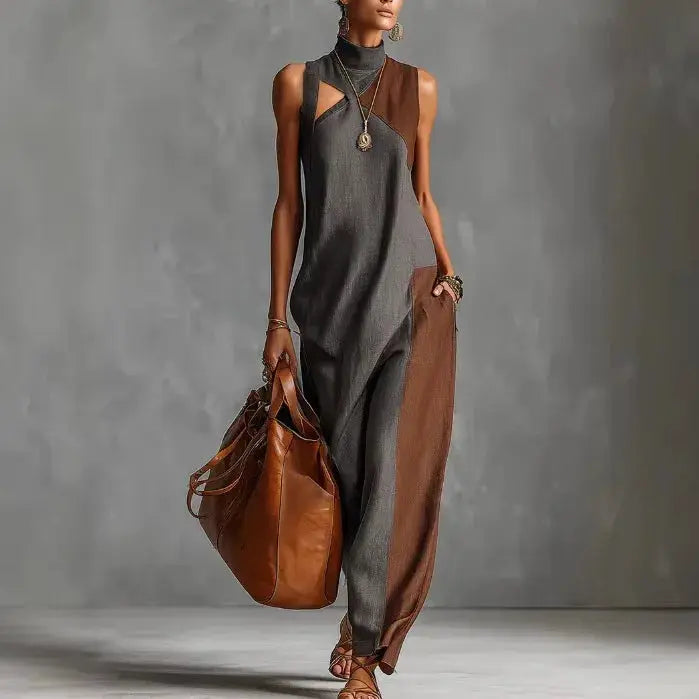Bohemian Women's Maxi Dress Vest Type Color Block Summer Beach Dress Loose Casual High Neck Cutout Long Dresses for Daily Wear by Adornity