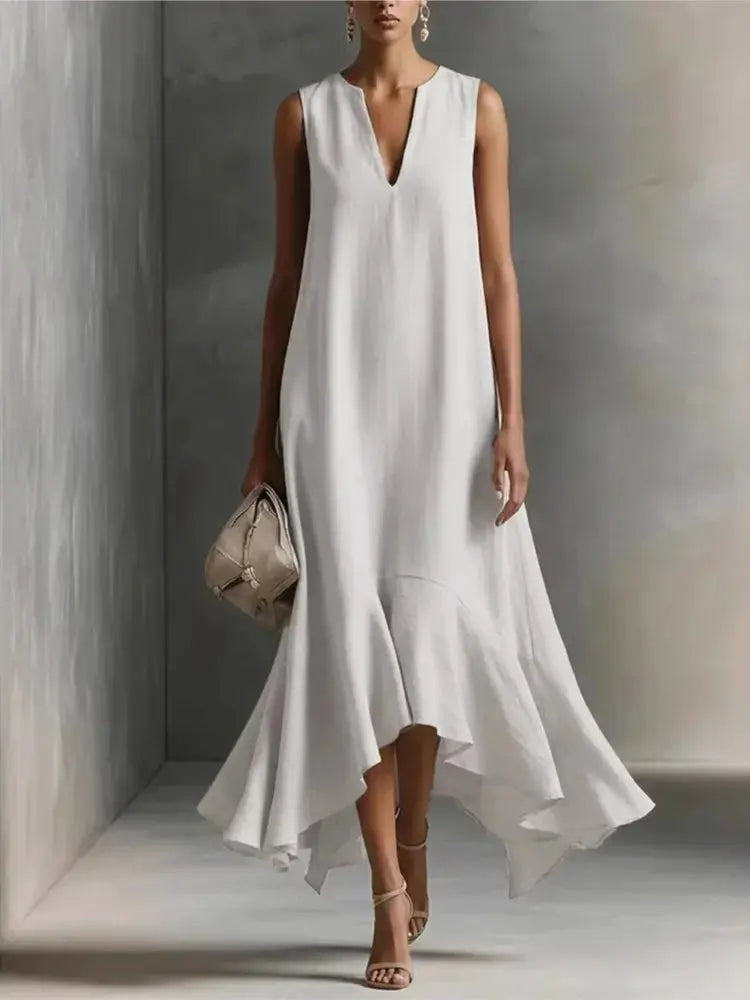 Solid Color Loose Long Dress For Women Summer Sexy V-neck Sleeveless Fashion Irregular Hem Dresses Lady Foreign Style Streetwear by Adornity