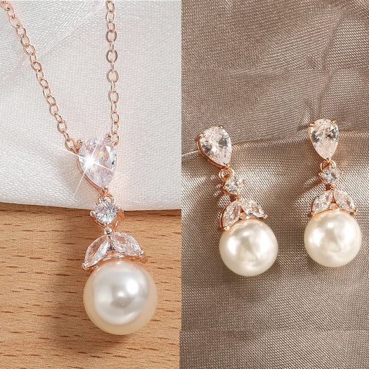 Minimalist Bridal Elegant Zircon Pearl Earring and Necklace Jewelry Set