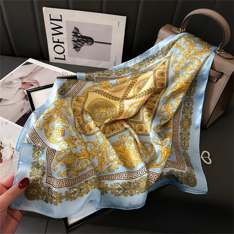 Women's Silk Scarf - 70x70cm Square Printed Pashmina Shawl With Plaid Pattern