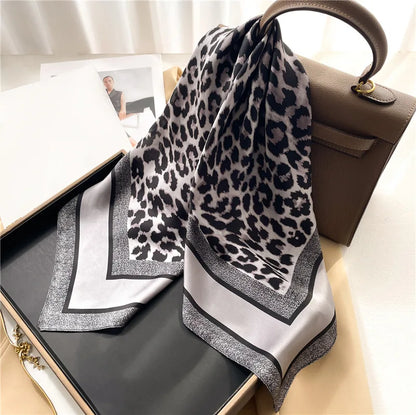 Luxury Women Leopard Print Square Hijab Scarf Imitation Silk Green Small Neck Scarf Stylish Casual Headscarf