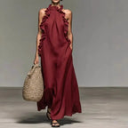 Women's Sexy Halter Ruffle Maxi Dress Solid Pockets Loose Long Dress Summer Elegant Sleeveless Bohemian Vacation Beach Dress by Adornity