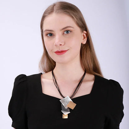 Long Leather Chain Trending Geometric Square Pendant Necklace