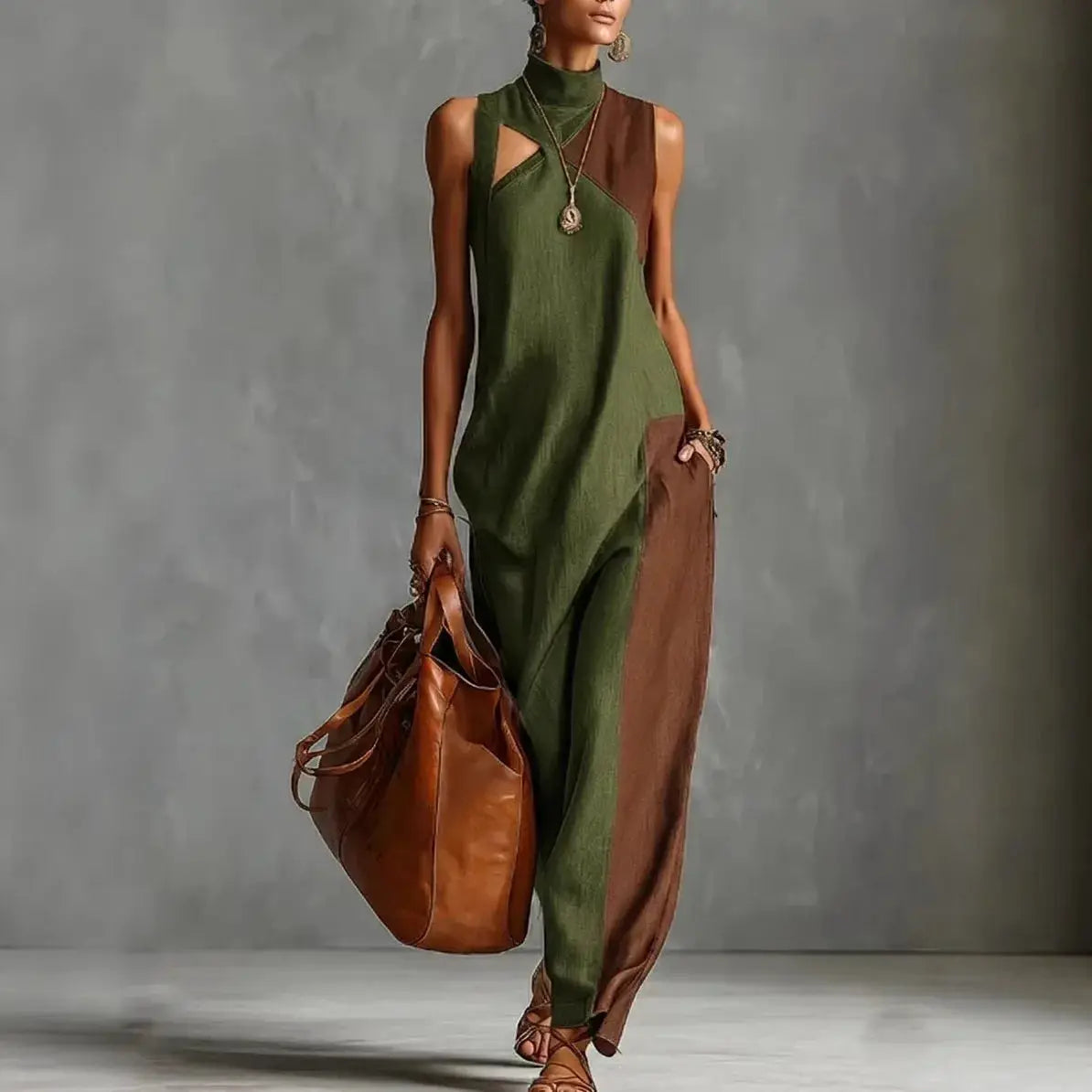 Bohemian Women's Long Dress Summer Color Block Beach Tank Dress Loose Casual High Neck Cutout Maxi Dresses Streetwear Colthing by Adornity