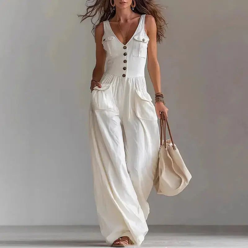 Sexy V Neck Button Wide Leg Jumpsuit Elegant Solid High Waist Woman Romper 2026 Spring Summer Sleeveless Vacation Beach Overalls by Adornity