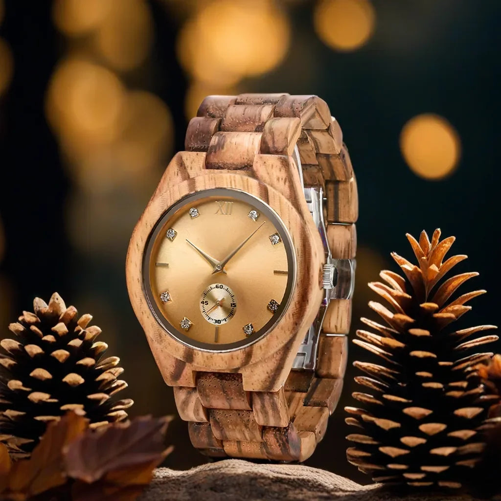 Wooden Quartz Watch with Simulated Diamond Dial for Women