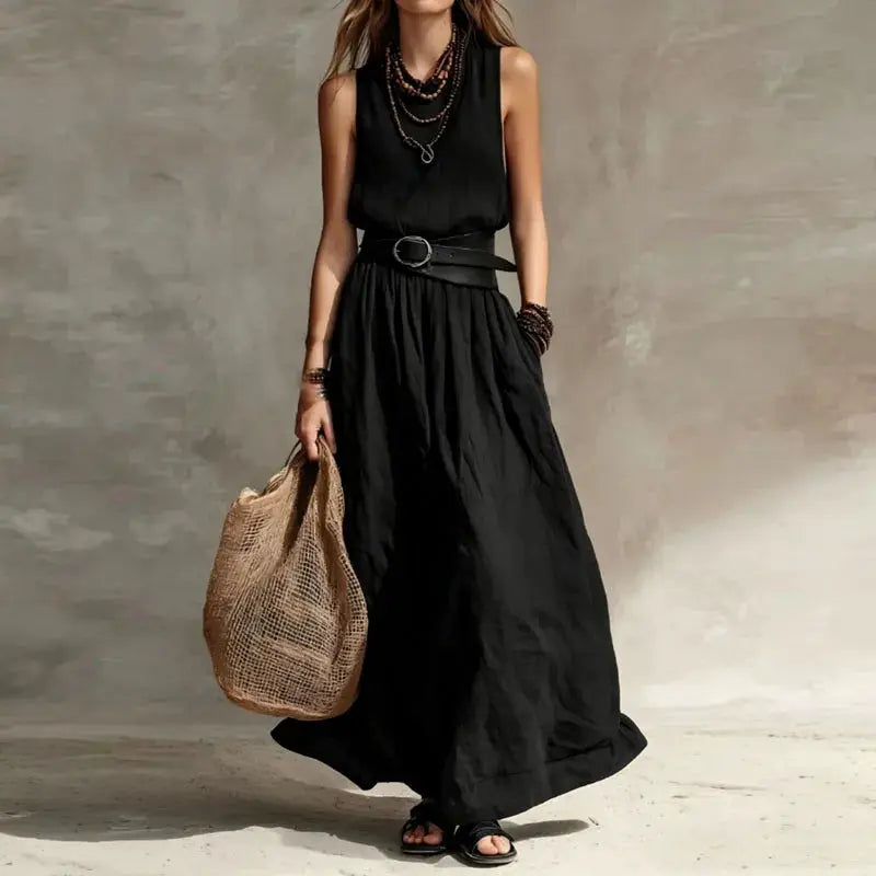 Summer Women Loose Fit Sleeveless Maxi Dress Round Neck High Waist Pleated Long dress Casual Daily Beach Vacation Bohemian Dress by Adornity