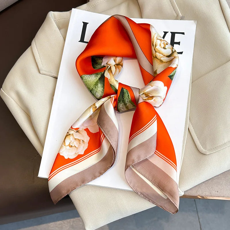 Women's Silk Scarf - 70x70cm Square Printed Pashmina Shawl With Plaid Pattern