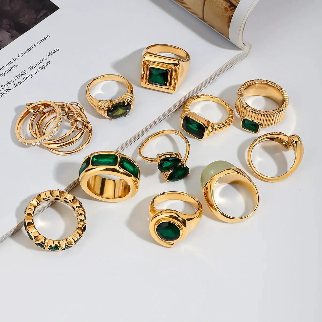 Uworld Retro Green Zircon Ring 18k Gold Color Plated Stainless Steel Round Ring Can be Stacked as a Gift for Women's Accessories by Adornity