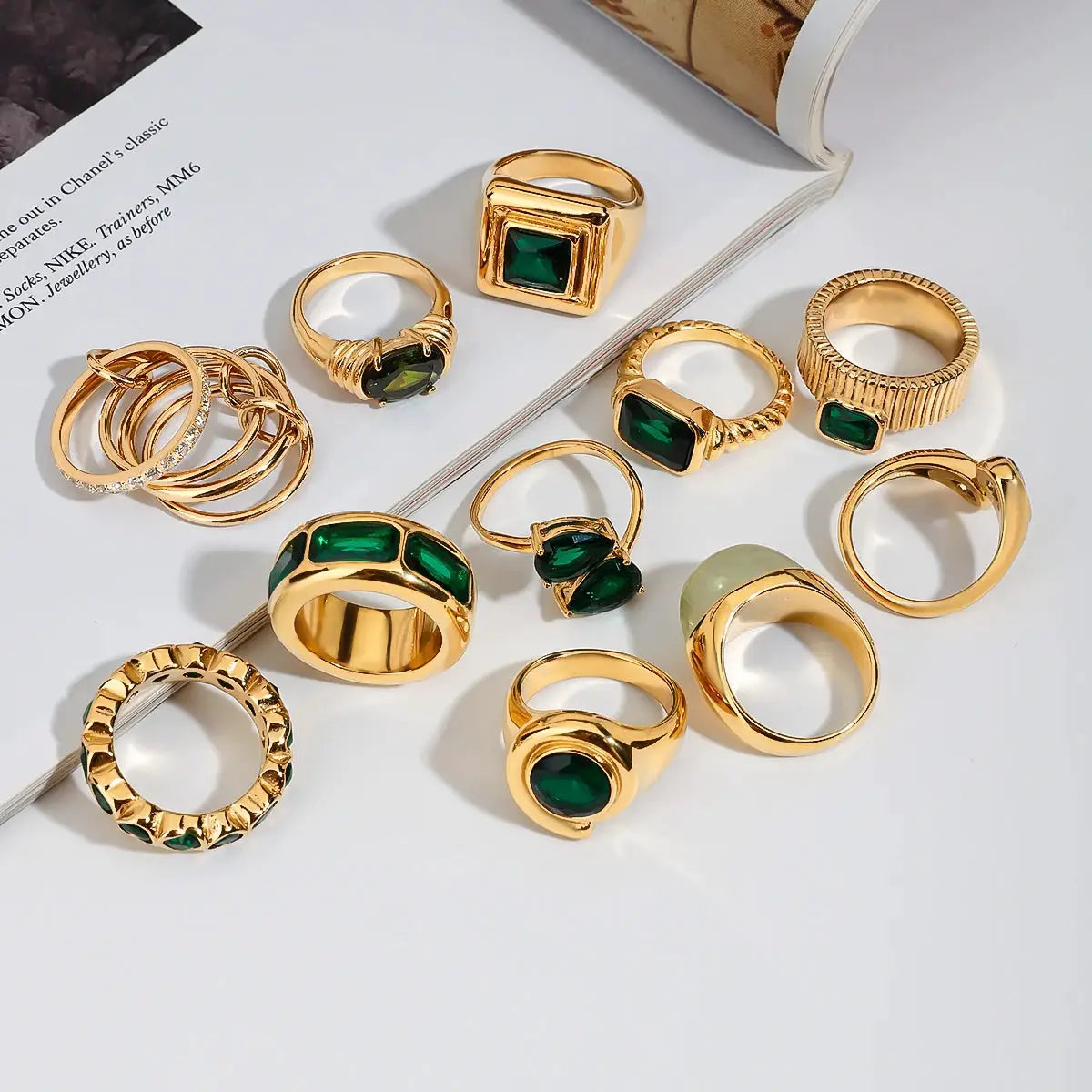 Uworld Retro Green Zircon Ring 18k Gold Color Plated Stainless Steel Round Ring Can be Stacked as a Gift for Women's Accessories by Adornity